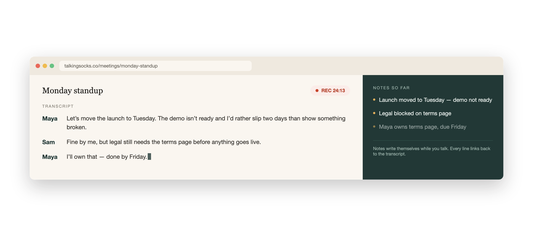 Talking Socks during a meeting — REC 24:13: the transcript streams while notes write themselves alongside, every line linked back to the transcript.
